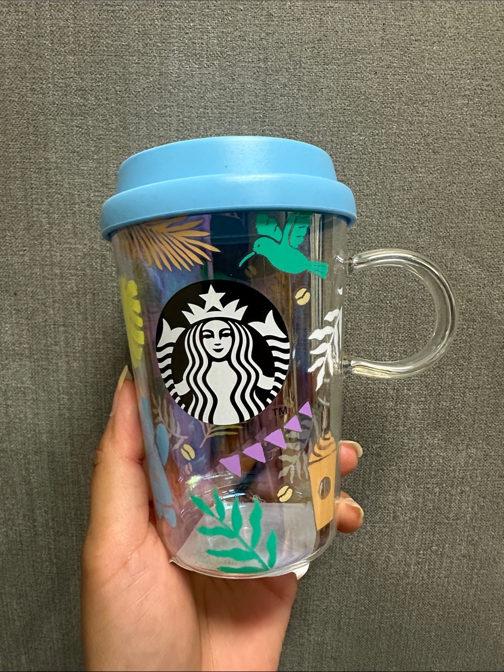 Starbucks Japan Clear Glass Mug with Light Blue Lid and Multicolor Floral Art